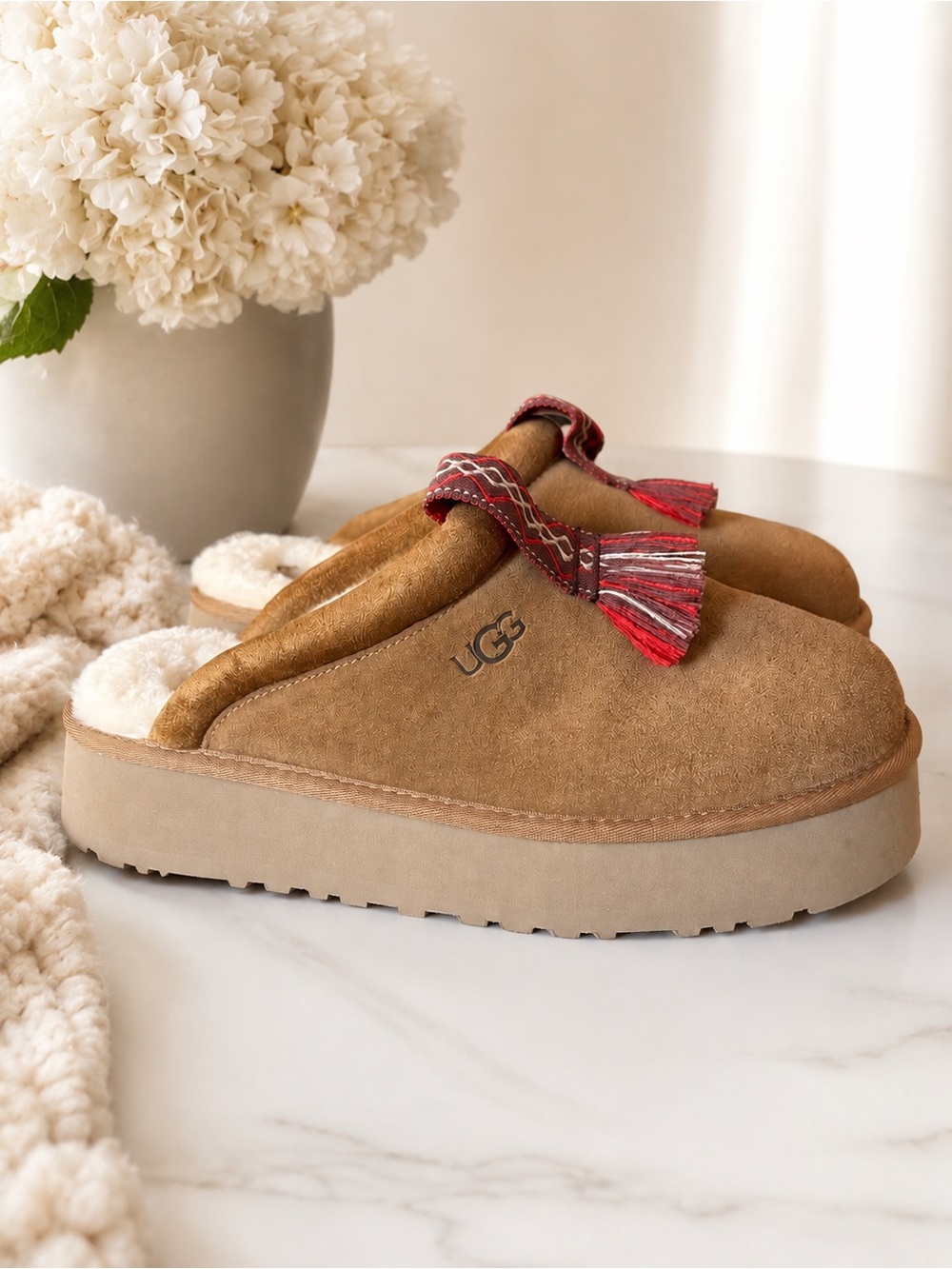 UGG Chestnut Suede Platform Clog with Red Tassel Detail